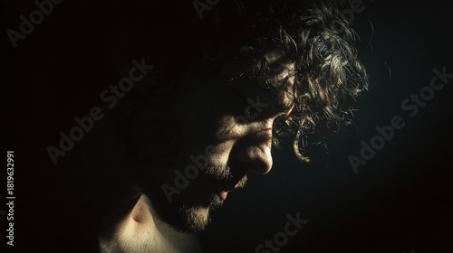 A portrait of a pensive man in deep shadow, his face partially illuminated