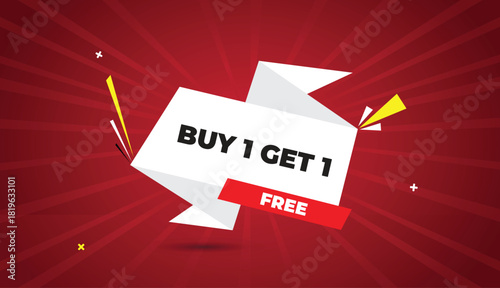 Buy Get free 1 1 web banner vector art template design badge icon label white gray shapes black bold text dark red light sun shine abstract business background