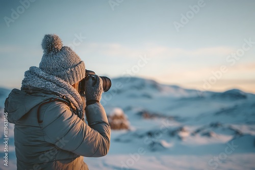 A person in warm winter clothing capturing the serene beauty of a snowy mountain landscape during golden hour.