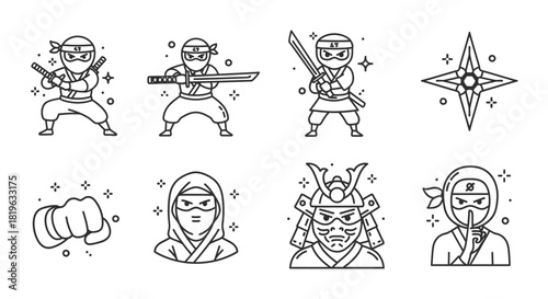 Set of stylized ninja icons and symbols, martial arts, warrior, and samurai elements in a clean line art style