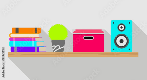 Flat design illustration of a wooden shelf with books, a plant, a storage box, and a speaker