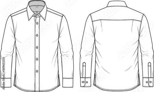 Button-up shirt sketch, long-sleeve garment design, technical fashion drawing, front and back view, pointed collar, cuff details