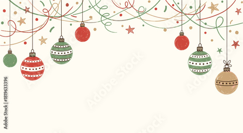Hand-drawn festive christmas ornaments, colorful baubles, stars, and playful confetti forming a whimsical holiday border on a light background, offering ample copy space.