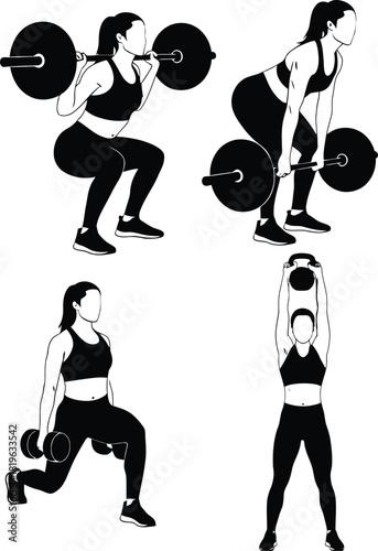 Set of four different female exercises: barbell squat, deadlift, dumbbell lunge, and kettlebell overhead press, black silhouette vector illustration.
