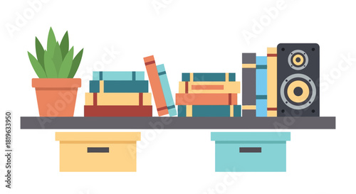 A bookshelf filled with books and a speaker, with storage boxes underneath