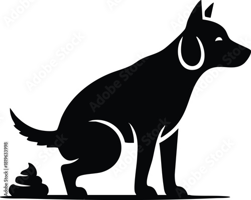 Silhouette of a dog defecating vector illustration in black and white isolated on white background