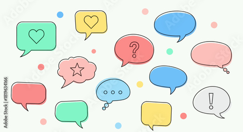 Collection of speech bubbles and thought balloons in various colors and shapes, symbolizing communication, conversation, and ideas