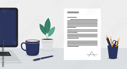 Desk setup with a laptop, coffee mug, plant, letter, and writing tools, symbolizing work and creativity