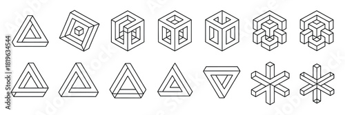 Impossible Shape Vector Collection Showing Optical Illusion Figures, Sacred Geometry Patterns, and Abstract Black Line Elements Presented in a Minimal Style Isolated on a White Background
