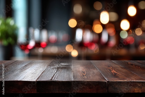 Rustic Tabletop: A warm, inviting wooden tabletop, perfect for displaying products or creating ambiance, stands in a restaurant setting.