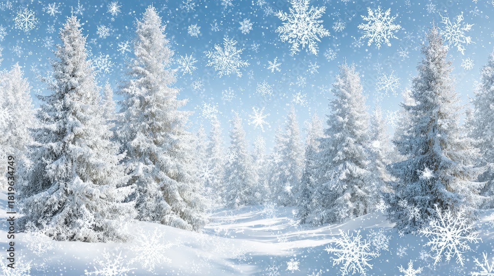 Naklejka premium Deep snow covers evergreen trees during a heavy fall of stylized white flakes