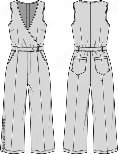Jumpsuit sketch, sleeveless garment design, technical fashion drawing, front and back view, wrap bodice, wide-leg pants, belted waist