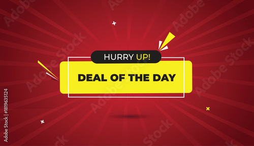 deal of the day hurry up web banner vector art template design badge icon label black gray yellow shapes white bold text dark red light sun shine abstract business background creative modern bright st