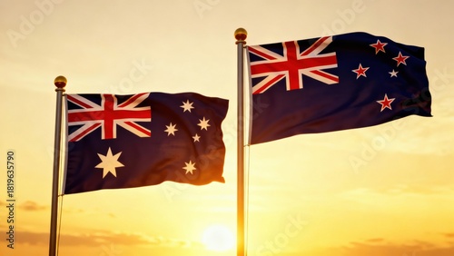A Stunning Sunset Silhouetting the Flags of Australia and New Zealand, Symbolizing Friendship and Cooperation Between Two Nations