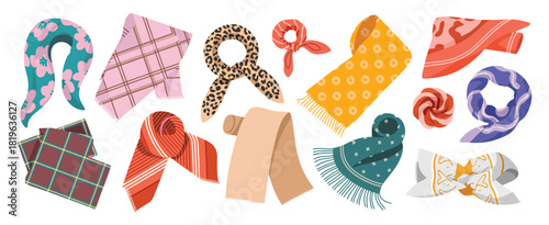 Set of Kerchiefs for Men and Women Featuring Colorful Scarves, Stylish Shawls, and Fashion Accessories Illustrated as a Modern Vector Collection Isolated on a White Background for Clothing and Design 