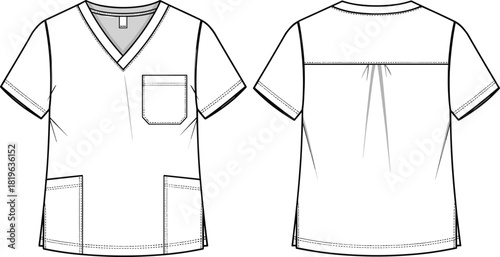 Scrub top sketch, medical garment design, technical fashion drawing, front and back view, V-neckline, patch pockets, pleated back