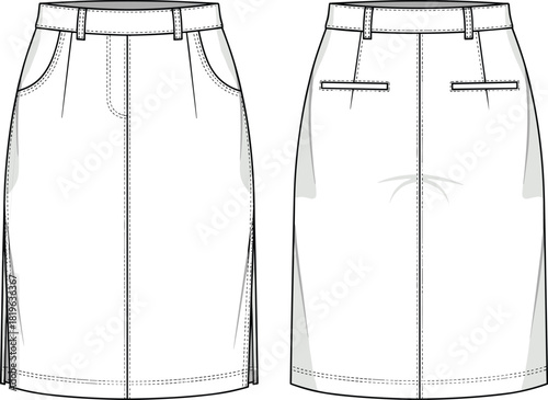 Skirt sketch, technical fashion drawing, front and back view, belt loops, welt pockets, center seams, vent detail, stitching lines