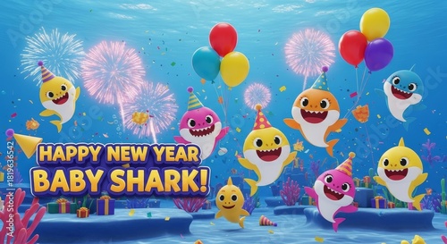 Celebrate the New Year with Adorable Baby Sharks and Dazzling Fireworks Underwater Fun for Kids Parties and Playful Family Gatherings