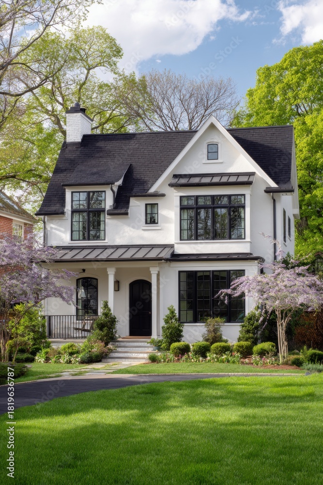 Obraz premium Elegant modern home with classic charm surrounded by vibrant greenery and blooming flowers in a peaceful neighborhood during sunny weather