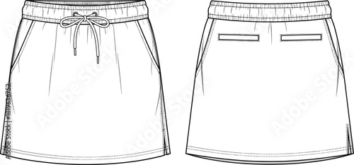 Skirt sketch, technical fashion drawing, front and back view, drawstring waist, side pockets, welt pockets, stitching details