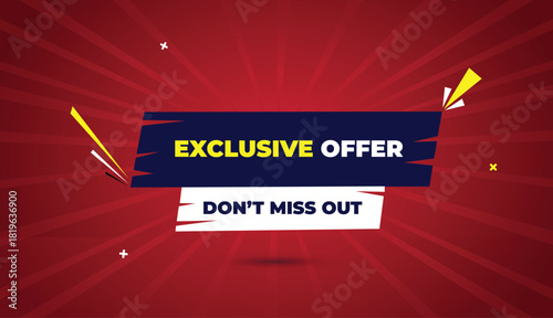 exclusive offer web banner vector art template design badge icon label deep blue white shapes yellow bold text dark red light sun shine abstract business background modern creative layout eye catching