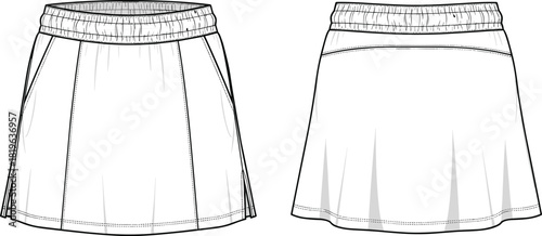 Skirt sketch, technical fashion drawing, front and back view, gathered waistband, yoke seam, vertical panels, flared hem, stitching details