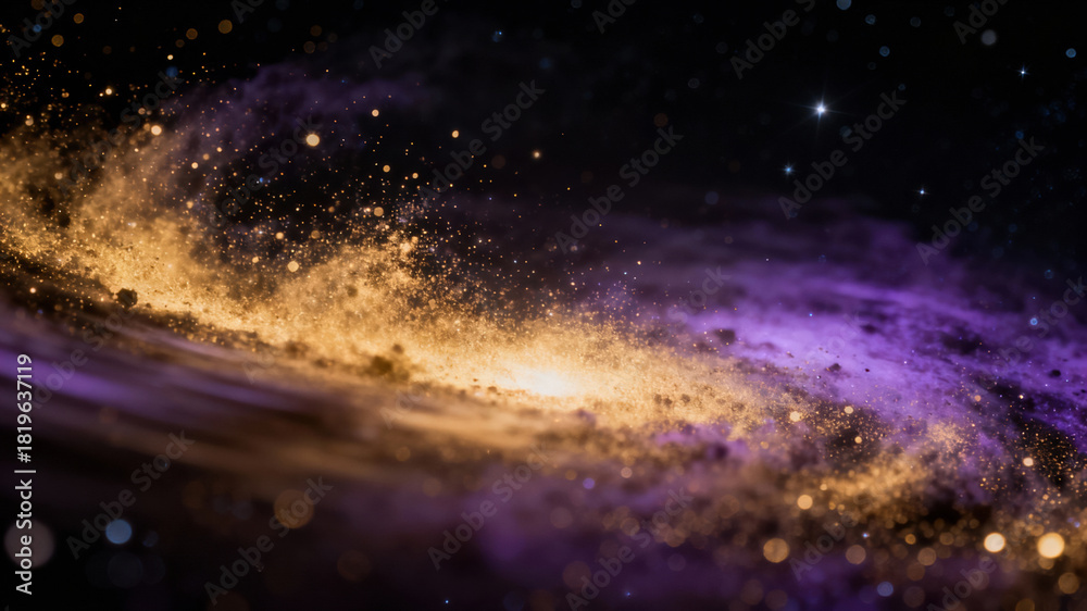 Fototapeta premium A vibrant cosmic swirl of golden and purple gas and dust in a distant galaxy. Tiny sparkling stars twinkle in the vastness, creating a mesmerizing astronomical view