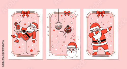 Playful santa claus character illustrations set for holiday season greetings. modern christmas cards with santa relaxing, dabbing and festive disco balls.