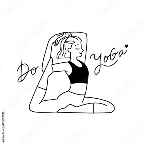 Vector line illustration of a woman with wavy hair practicing yoga. Outline drawing of a female character with hand-drawn text 'Do yoga' isolated on white background. Mermaid Pose, King Pigeon Pose.