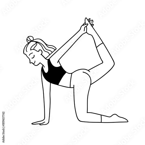 Vector line illustration of a woman with wavy hair practicing yoga, Bird Dog Pose Variation. Drawing of female character stretching in asana, isolated on white background. Art for web, print, sticker.