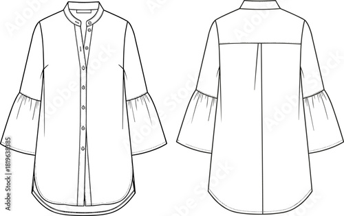 Blouse fashion vector illustratio, flared cuff sleeves, curved hemline, back yoke, garment sketch, apparel design