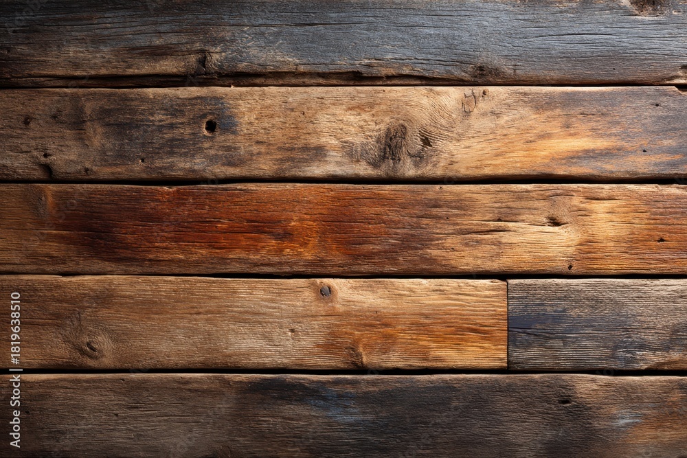 Fototapeta premium Weathered Wood Grain: A detailed and textured close-up of aged wooden planks, revealing the natural patterns, knots, and variations in tone of the timber.
