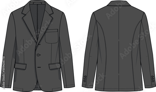 Technical blazer sketch, front and back view, notched lapel, flap pockets, sleeve buttons, princess seams, fashion illustration, vector template