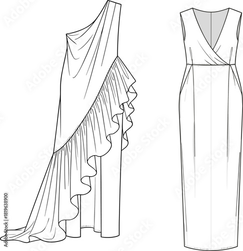 Evening gown fashion vector illustration with one shoulder ruffle overlay, V-neck sleeveless dress, fitted bodice, 