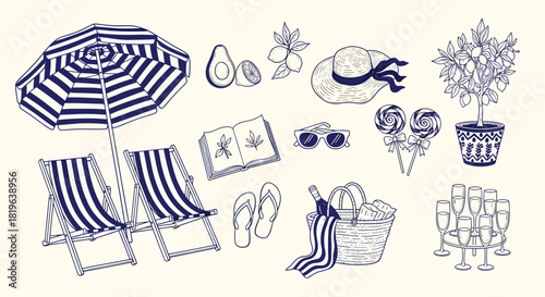 Summer holiday essentials blue line art. beach and picnic items for relaxation and outdoor leisure. hand-drawn vector set. joyful moments.
