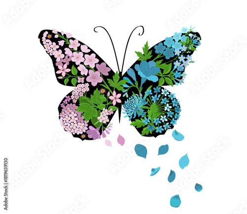 Abstract butterfly wing with flowers. Hand drawn. Not AI, vector illustration.