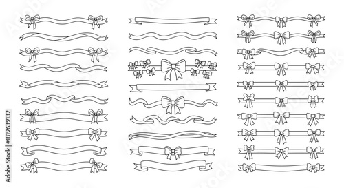 Hand drawn outline decorative ribbons and bows vector set for celebration design, gift wrapping, wedding invitations, holiday cards, and elegant banner dividers.