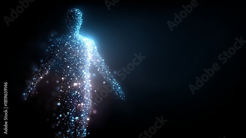 A holographic human silhouette, formed by dots and lines, bathed in bright scan light. This vector illustration symbolizes AI's innovative integration with anatomy and technology in modern medicine. 