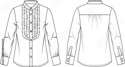 Ruffle bib blouse fashion vector illustration with shirt collar, button front, gathered cuff sleeves, back yoke, garment sketch, 