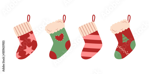 Set of different Christmas socks. Traditional decorative element. Vector elements on a white background.