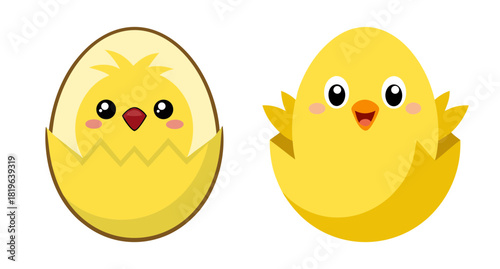 Cute yellow chick peeping out of egg and standing alone