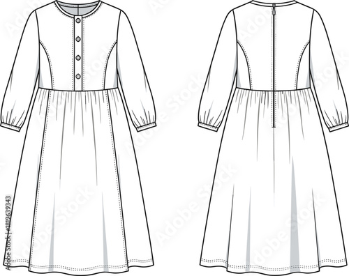 Technical dress sketch, front and back view, button placket, gathered skirt, puff sleeves, princess seams, fashion illustration, vector template