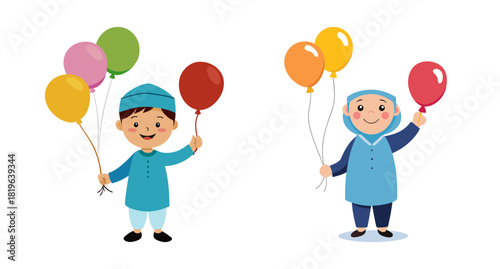 Joyful children celebrating eid with colorful balloons festivity