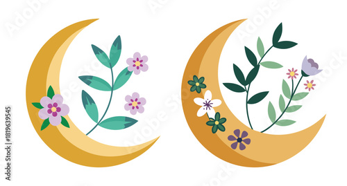 Crescent moon with delicate flowers and green leaves art