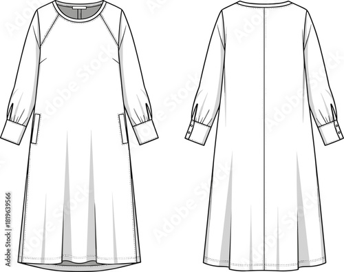 Technical dress sketch, front and back view, raglan sleeves, patch pockets, wide cuffs, pleated skirt, fashion illustration, vector template