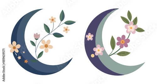 Two crescent moons adorned with delicate flowers and greenery