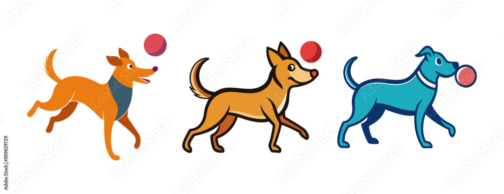 Obraz premium Three dogs playing fetch with red balls in cartoon style