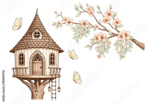 Whimsical watercolor illustration of a charming fairytale treehouse with intricate details, blooming pink cherry blossoms and three yellow butterflies.