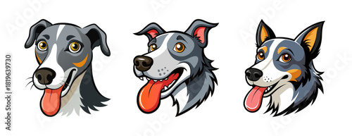 Three happy dogs faces with tongues out playful canines art