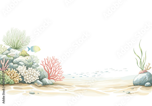 A vibrant underwater watercolor illustration showcasing diverse marine life, colorful corals, rocks, and a school of fish on a sandy seabed, providing ample copy space.